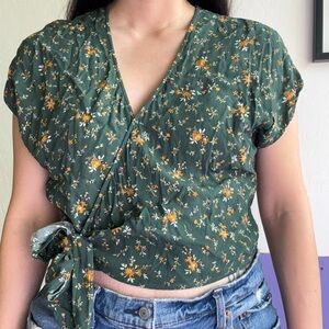 Madewell Green Floral Wrap Crop Top with Yellow Accents